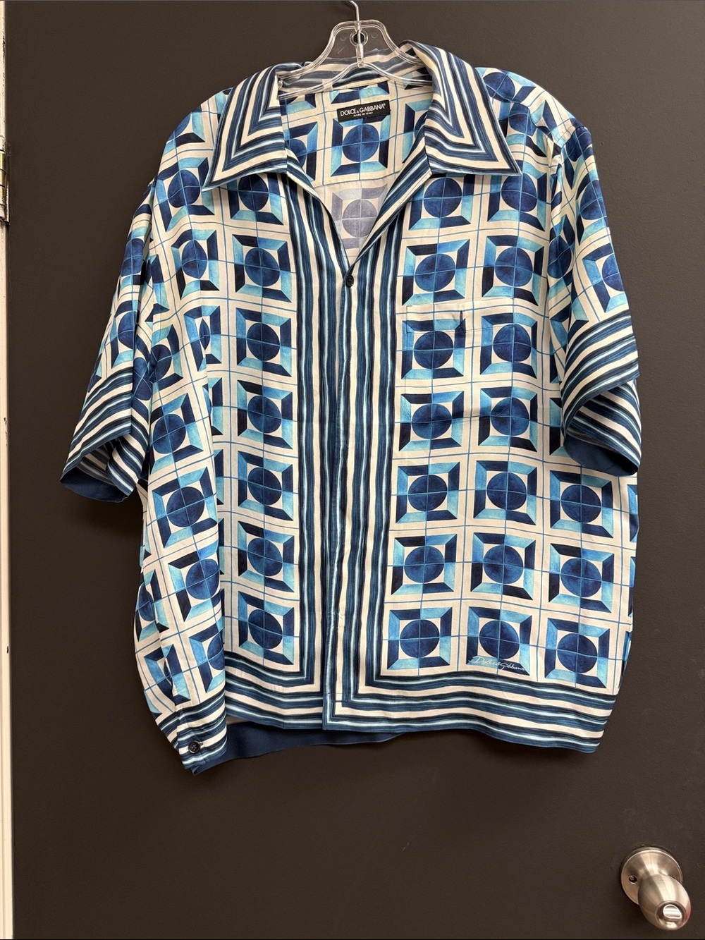 Dolce & Gabbana Blue & White Geometric Short-Sleeve Shirt Jacket NWOT